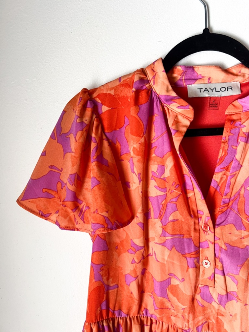 Floral Tiered Mini Dress Size 4 Orange Pink Flutter Sleeve Cottagecore Boho - Picture 2 of 7